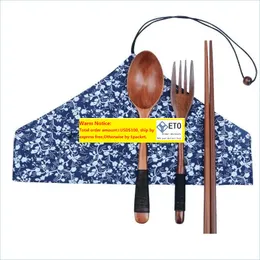 Chopsticks Japanese Wood Cotlecty Set Miljö Nature Wood Fork Spoon Chopsticks Portable Knife Spoons Travel Dom Drop Delive ZZ