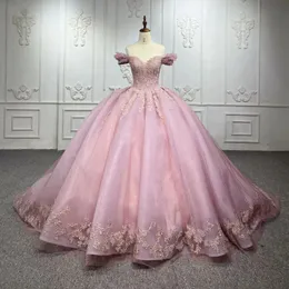 Glitzerndes rosa Schatz-Quinceanera-Kleid, schulterfrei, Party-Abschlussballkleid, Spitzenapplikation, süße 16-Prinzessin, Vestidos de 15 Jahre