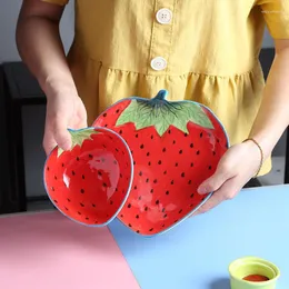 Plates Ins Wind Lovely Strawberry Bowl Plate Creative Ceramic Home Dish Children Tableware Set Breakfast Fruit Salad