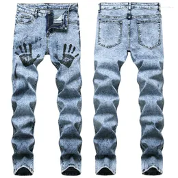 Men's Jeans Stretch Outlet Fashion Plus Size 29-42 Jean Light Blue Casual Brand S Denim Palm Print