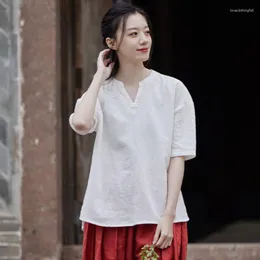 여자 T 셔츠 Johnature Women Vintage Cotton Linen 티셔츠 단색 여름 티 2023 V-Neck Short Sleeve