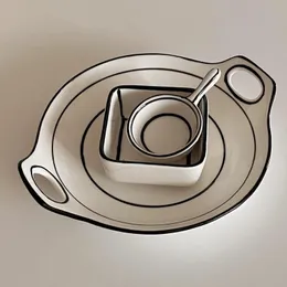 접시 세라믹 접시 손으로 그린 ​​선 깊이 접시 소스 접시 디저트 창조적 인 불규칙한 수프 그릇 만화