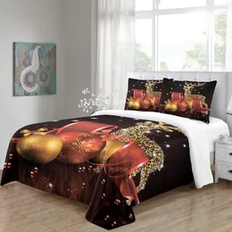 寝具セットメリークリスマスプレゼントレッドゴールドエルクベルポリエステル3PCSベッド羽毛布団カバーセットと2PCS枕