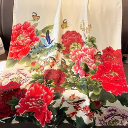 Sciarpe 180 90 cm syal sutra mewah Spanyol wanita merek Vintage Moutain Penoy bunga bungkus leher Snood foulds pantai 230907