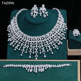 Conjuntos de joias de casamento TAZIRN Luxo 5A Cubic Zirconia Árabe Dubai Conjunto de joias de casamento para mulheres festa de formatura aniversário 24 peças CZ acessórios de noiva 230907