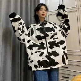 Deeptown Cow Print KPOP 가역화물 재킷 여성 Harajuku 스트리트웨어 대형 Zip Tracksuit Female Hippie Windbreaker Coat