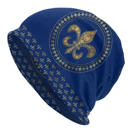 비니/두개골 모자 겨울 따뜻한 니트 모자 유니퇴크 성인 Fleur de Lys 금과 로얄 블루 스컬리 비니 캡 Fleur de Lis Lily Flower Bonnet Hats x0907