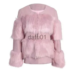 Damen Pelz Kunstpelz Ausverkauf Runway Design Kunstpelzmantel Winter Rundhals Rosa Pelz Pachwork Damenjacke Mantel Mantel x0907