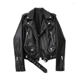 Women's Leather 2023 Spring And Autumn Faux PU Jacket With Belt Men's Lapel Motorcycle Black Zip Biker Suede