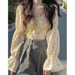 Deeptown Korean Style Yellow Puff Sleeve Blouse Y2k Vintage Floral Square Collar Shirts Kawaii Lace Up Corset Crop Tops Women