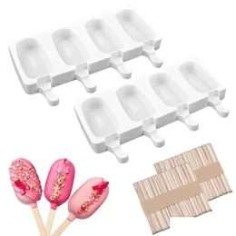 Ice Cream Tools Ice Popsicle Sile Mold 2 Piece Set Cream Tools Mini 4 Cavity Oval Homemade Cake Maker With 50 Wooden Drop Delivery Dhjhv