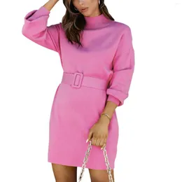 Vestidos casuais malha gola alta camisola vestido mulheres manga longa inverno malha com cinto elegante senhoras rosa mini festa de natal