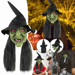 Party Masks Halloween Horror Old Witch Mask With Hat Cosplay Scary Clown Hag Lateks Maski Zielona twarz Big Nose Old Women Costume Props X0907