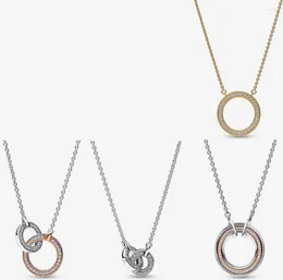 Chains 2023 Signature Two Tone Intertwined Hearts Circles Logo Pave Necklace Real 925 Sterling Silver Woman Jewelry