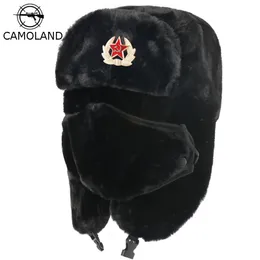 Beanieskull Caps Camoland Soviet Military Badge Bomber Hat Men Men Russia Ushanka Hats Faux Rabbit Fur Earflap Snow Trapper 230907