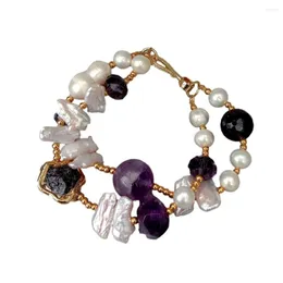 Strang YﾷYING 2 Reihen kultivierte weiße Biwa-Perlen, Amethyst-Kristall-Armband, 21,6 cm