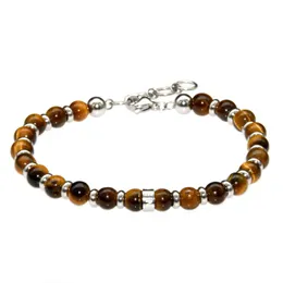 Strand Fashion Men's Jewelry Natural Tiger Eyes 6mm runda pärlor med rostfritt stål Spacer Justerbart armband för kvinnor