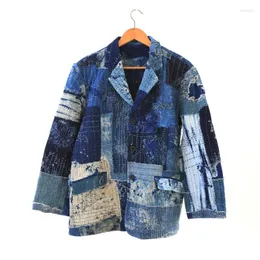 Men's Jackets Handmade Original Design Distressed Patch Color Matching Blue Dyed Suit Ragged Retro Amekaji Jacket Coat For Men