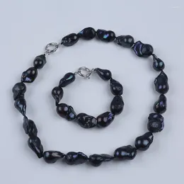 Chains 12-15mm Natural Black Color Loose Beads Freshwater Baroque Pearl Jewelry Set