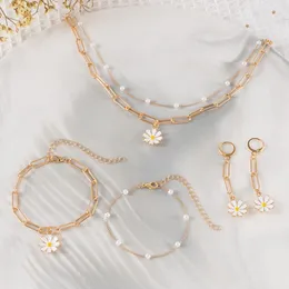 Halskette-Ohrringe-Set, Gänseblümchen-Sonnenblumen-Armband, Ohrring, Boho, langer Tropfen, handgefertigter Anhänger, Halsreif für Frauen und Mädchen