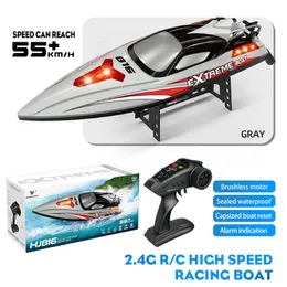 ElectricRc Boats 55kmh Yüksek Hızlı Yarış HJ816 Fırçasız RC Tekne 24GHz Profesyonel Uzaktan Kumanda Modeli Speedboat Vs FT012 WL916 Oyuncaklar 230906