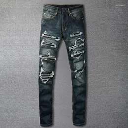 Dżinsy męskie kontrastowe kolorowe plisowane plaster dżins dżins Fall Fall Rised Chudy Spoder Men Streetwear Patchwork Stretch Pants Noir Homme