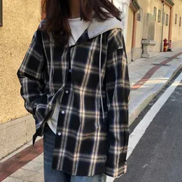 韓国のファッションベーシックチェック柄シャツ女性プレッピースタイルパッチワークチェックブラウスビンテージ特大ボタン長いスリーブトップス