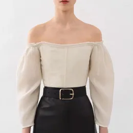 Damen T-Shirts 23 Frauen hochwertige Wolle Mode Tops Elegante Langarm Sexy Off Shoulder Back Zipper Chic Fishbone Slim T-Shirt