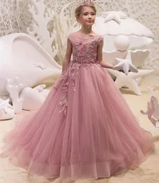 Vestidos de menina rosa elegante flor para casamento mangas inchadas princesa crianças apliques festa de noite primeira comunhão vestido de baile de tule