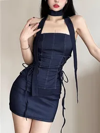 İş Elbiseleri 2023 Yaz Ürünü İki Parçalı Denim Takım Moda Tüpü Üst Kollu Boyun Seksi Kravat Yıkan Elbise Kadın Giyim Y2K