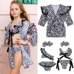 Fashion Kids Baby Girls Leopard Print BIkini Swimwear Cape Coat Bathing Suit Beachwear Separate Girls swimsuit X251v