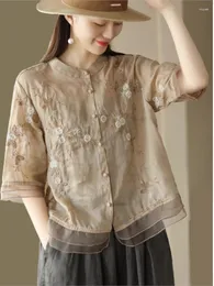 Kvinnors blusar Johnature Kvinnor Vintage Brodery Floral Shirts and Tops Stand Short Sleeve Chinese Style 2023 Summer Ramie