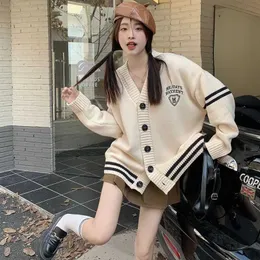 Deeptown Vintage Preppy Beige Pullover Strickjacke Frauen Oversize Harajuku Koreanische Mode Gestrickte Jumper Weibliche Schule Girly Tops