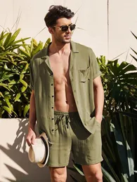 Fatos masculinos verão ao ar livre casual terno solto algodão linho manga curta cardigan camisa shorts duas peças conjunto respirável roupas para casa