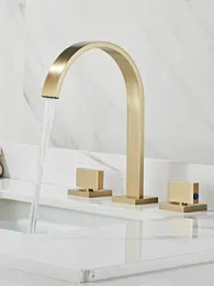 Krotki kuchenne Trzy otworze kran myjki w łazience podwójny uchwyt chłodzenie i ogrzewanie dorzecza kwadratowe złoto