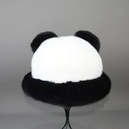 Breda breim hattar hink höst vinter kvinnor mössa varm verklig naturlig mink högkvalitet päls panda för män takfot som blockerar snö panama hatt 230907