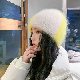 Geniş Memlu Şapkalar Kova Kabarık Tavşan Saç Angora Kış Şapkası Kadınlar İçin Sıcak Örgü Kalın Moda Beanie 230907