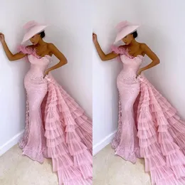 Vestidos de baile de sereia de renda rosa moderna para mulheres árabes 2023 um ombro plus size com overskirt trem formal vestidos de noite