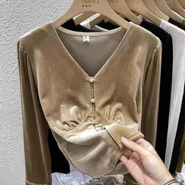 Autumn New Gold Velvet Advanced Design Feel Bubble Sleeve Foreigner Top