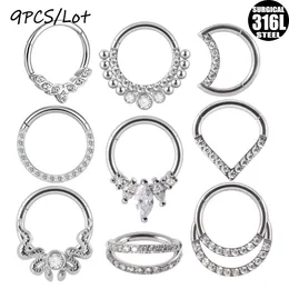 Labret Lip Piercing Jóias 9PCSLot Aço Micro Zircão Nariz Articulado Anel Para Frente Septo Clicker Orelha Cartilagem Tragus Corpo Atacado 230906