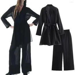 Tute da donna Elmsk French Fashion Ladies Set Semplice trama nera Camicia lunga trasparente Pantaloni casual larghi Due pezzi da donna
