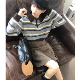 Deeptown Koreanische Vintage Gestreiften Crop Pullover Frauen Streetwear 90er Jahre Ästhetischen Zip Jumper Weibliche Harajuku Mode Polo Gestrickte Top