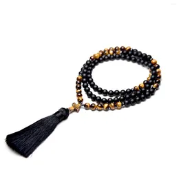 Ожерелья с подвесками из натурального черного оникса 108 Japamala для мужчин, йоги, мала, креста, четок, кисточек, длинное ожерелье, женское рейки, лечебные украшения, 8 мм