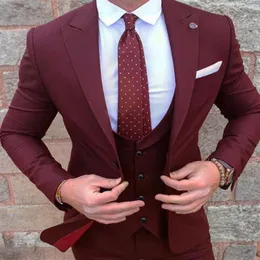 Jaqueta calça colete borgonha ternos masculinos noivo usar smoking 3 peça padrinhos de casamento homem formal terno de negócios para men198s