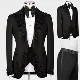 Maßgeschneiderte Herren-Hochzeits-Smokings mit schwarzen Perlen und spitzem Schal-Revers-Smoking-Jacke, 2-teilig, männliches Kostüm, Party, Business-Mantel