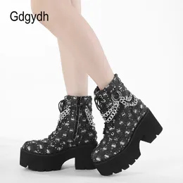 Boots Gdgydh Womens Punk Platform Short with Chain Decor Lace Up Chunky Heeled Combat boots for Women Fashion Sequin 230907