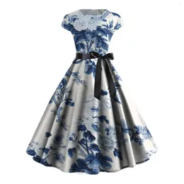 Sukienki swobodne kwiatowy nadruk letnia sukienka vintage kobiety 1950s 60s Swing Rockabilly szatę femme 2023 Party biurowe vestidos