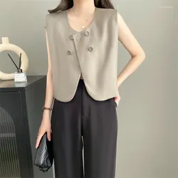 Kvinnors västar Tingyili Spring Autumn Button-trim Suit Vest Coat Korean Style Elegant Ladies Khaki Black Sleeveless Jacket Summer Crop