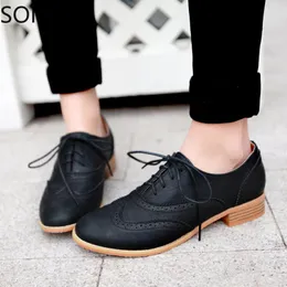 Dress Shoes Womens Wingtip Lace Up Retro Brogues Girl Preppy Oxfords Low Heel Creepers Lolita Mary Janes Black Brown Plus Size 34-43