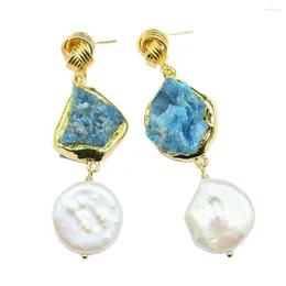 Baumelnde Ohrringe GuaiGuai Schmuck echte weiße Keshi-Münzenperle blaue Kyanit-Ohrstecker Vintage-Stil für Dame einfache Geschenke